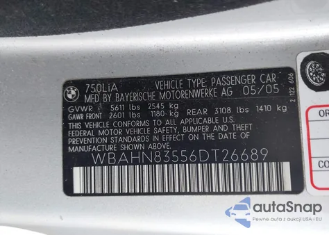 2006 BMW 750Li z USA, uszkodzony, nr VIN WBAHN83556DT26689